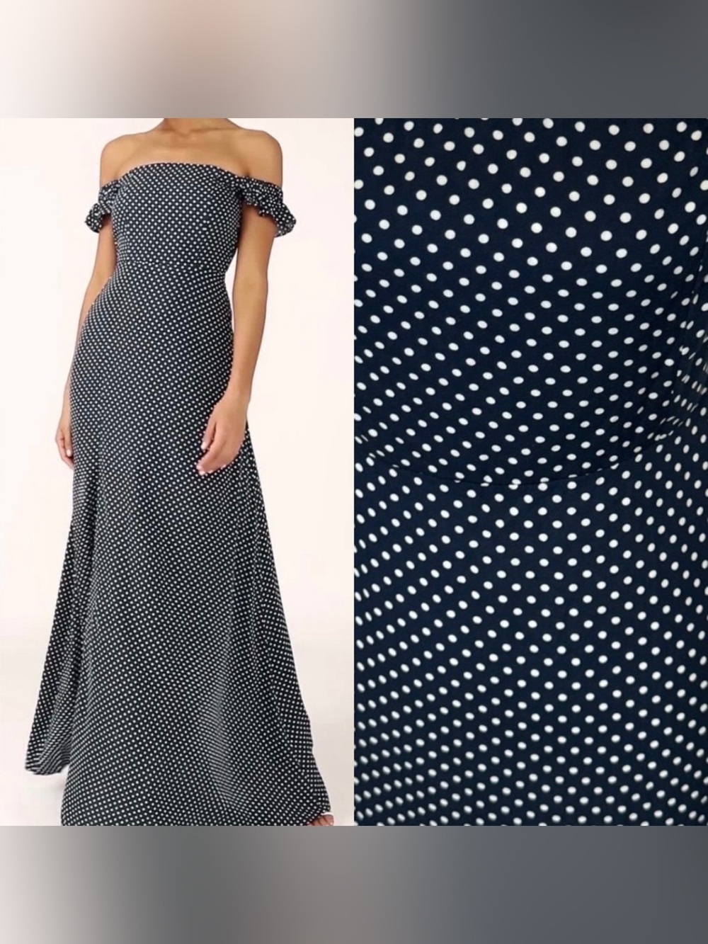 Lulus Dream Love Navy Blue Polka Dot Off-the-Shoulder Maxi Dress Size L